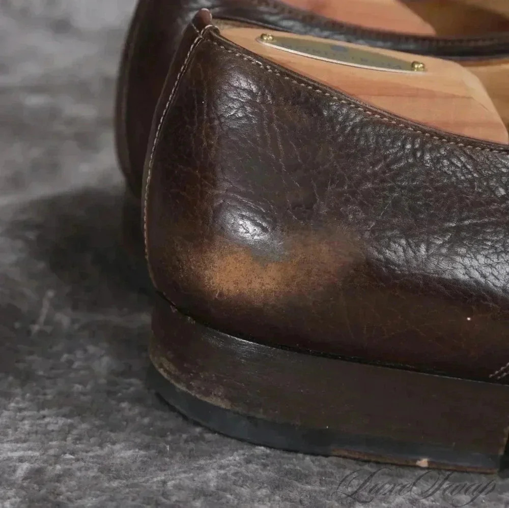 Santoni Grained Leather Burnished Espresso Derby Shoes 13 Made in Italy - Picture 8 of 10